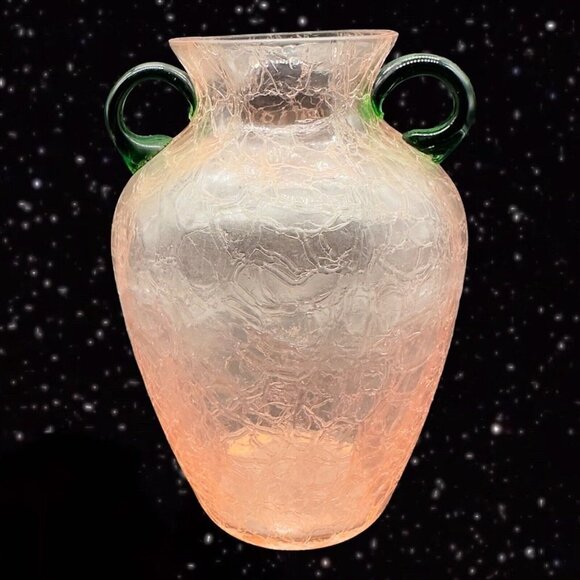 Pink Crackled Art Glass Vase with Applied Green Handles Textured Surface 8”T 3”W - Picture 11 of 13